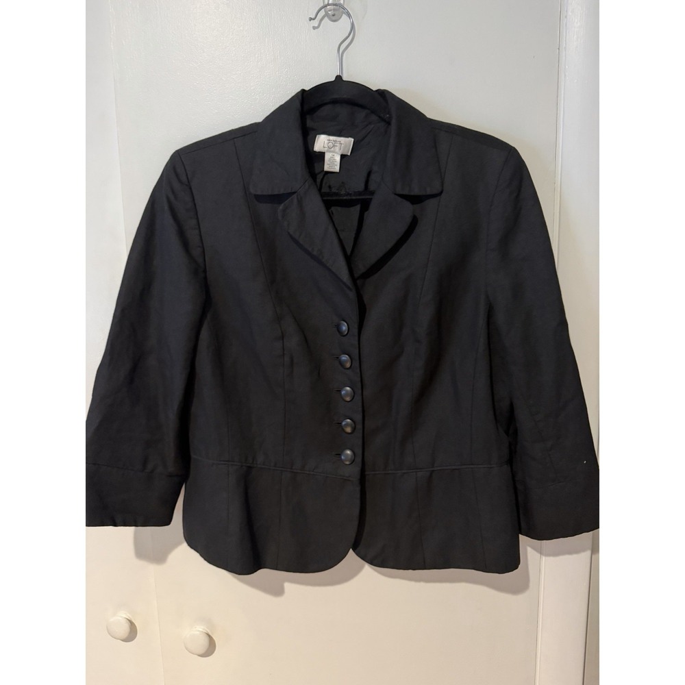 Ann Taylor Loft Women's Size 14 Black Blazer Jacket Linen Blend Button Up